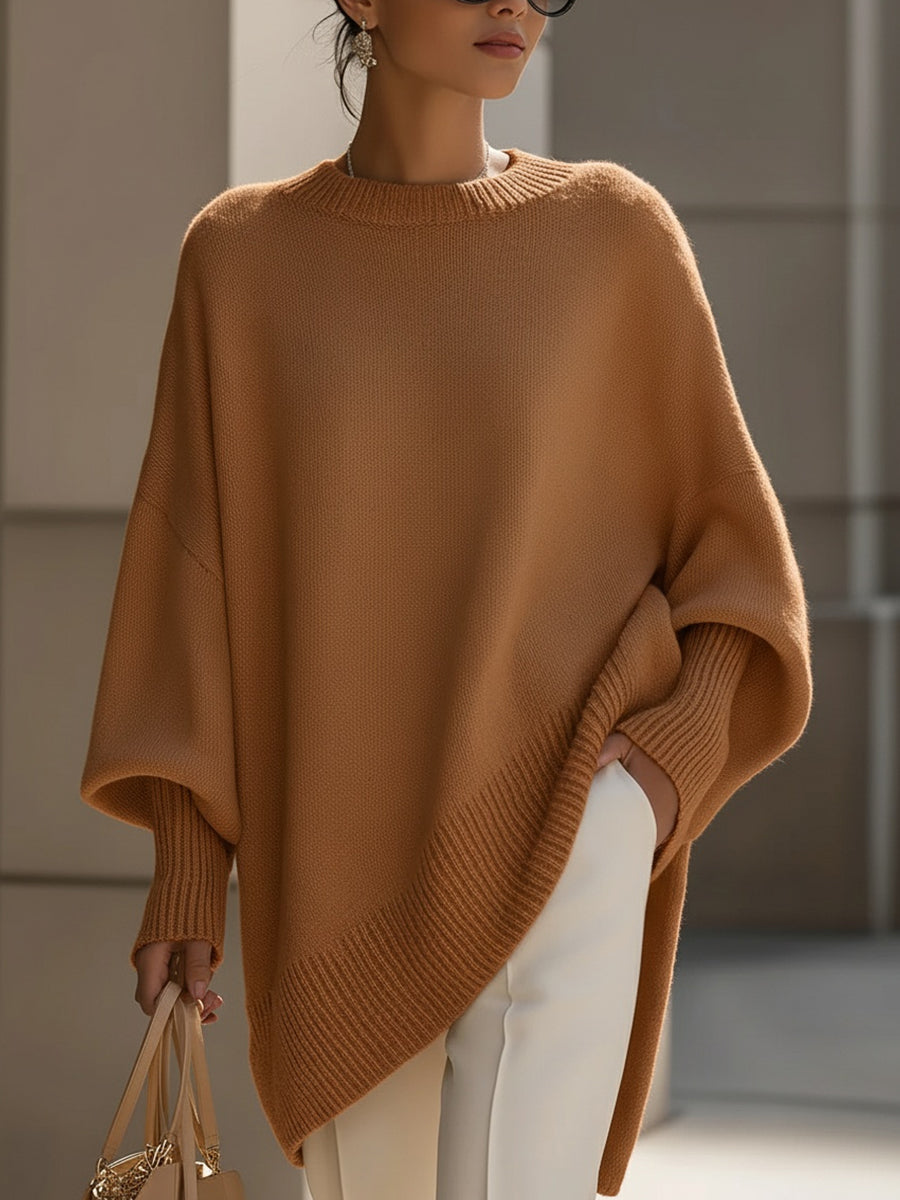 Oversized Long Sleeve Pullover Sweater with Ribbed Crew Neck for Women