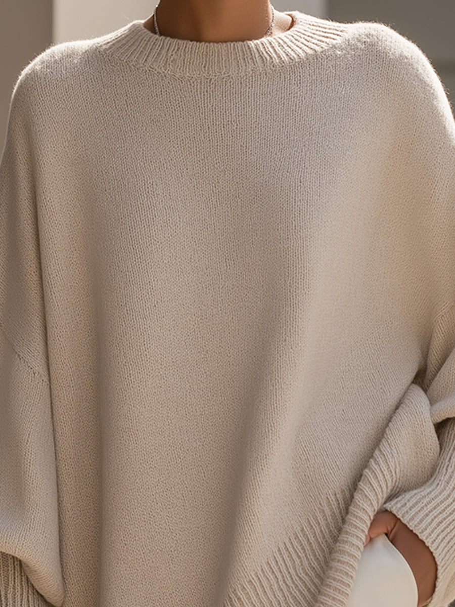 Oversized Long Sleeve Pullover Sweater with Ribbed Crew Neck for Women
