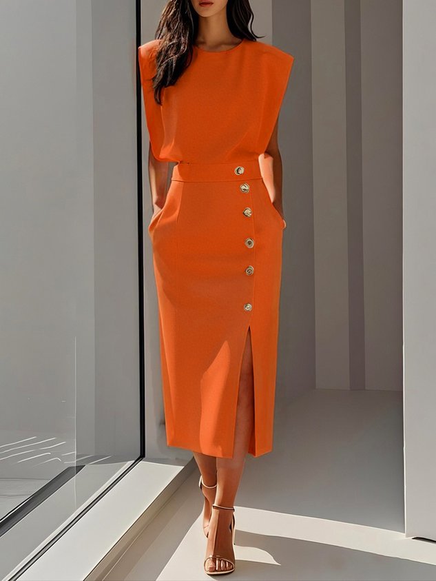 Midi Dress with Round Neck and Buttons for Women | Ideal for Summer