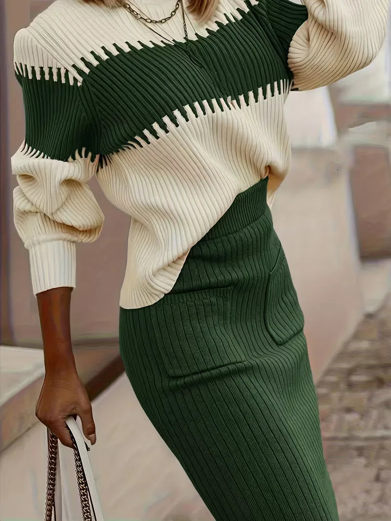 High Waisted Midi Skirt and Oversized Sweater Ribbed Knit Set for Women