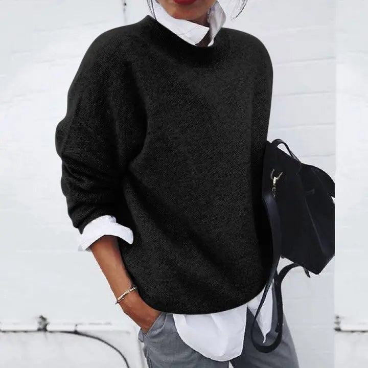 Pullover Cotton Blend Crew Neck Long Sleeve Sweater for Women