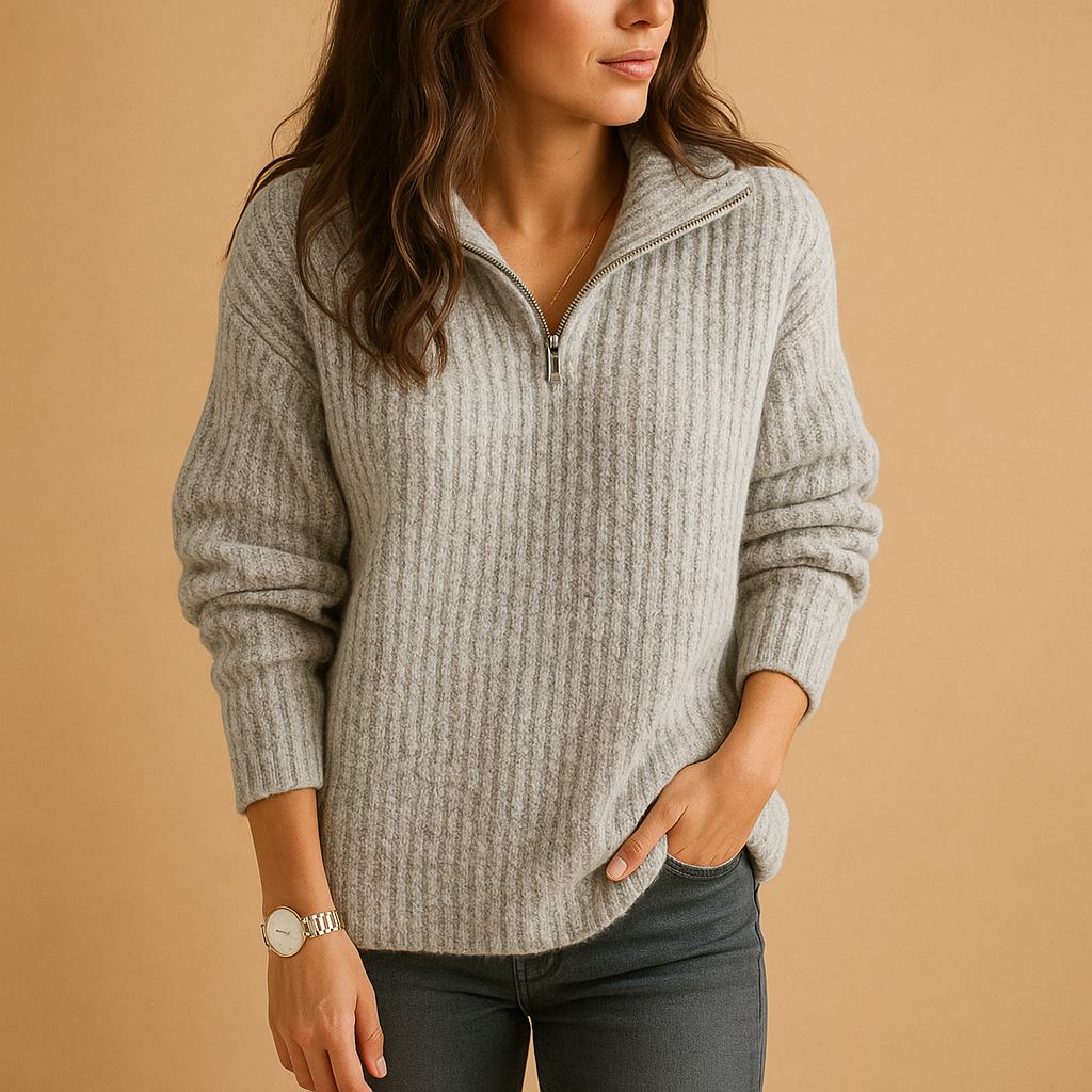 Quarter Zip Cotton Blend Sweater with Fold Over Collar for Women