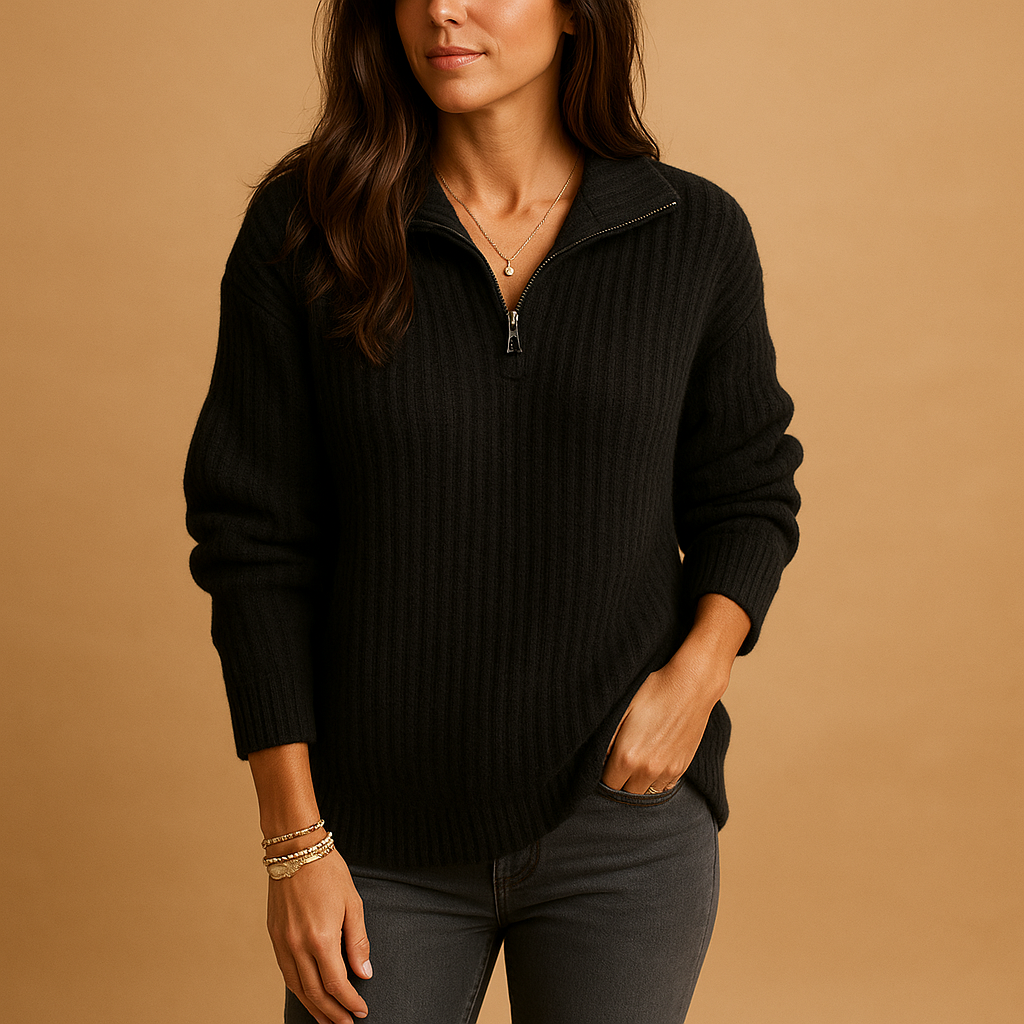 Quarter Zip Cotton Blend Sweater with Fold Over Collar for Women
