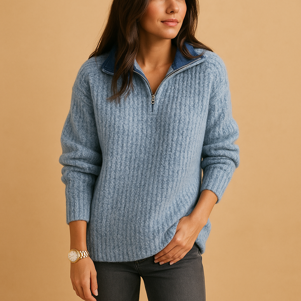 Quarter Zip Cotton Blend Sweater with Fold Over Collar for Women