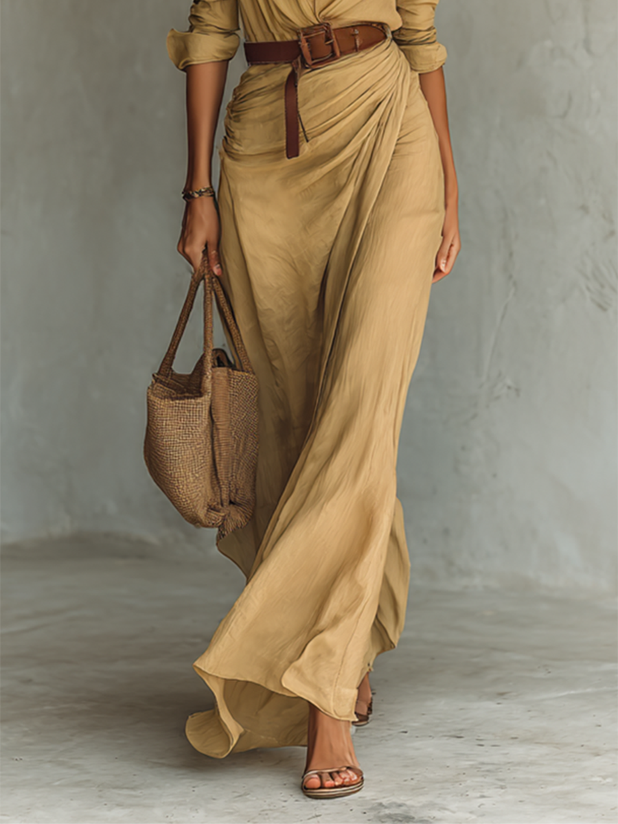 Maxi Dress with Belt and V-Neck for Women