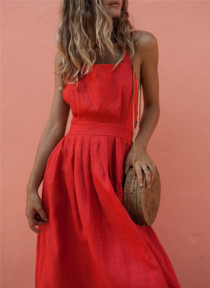 Midi Dress with Back Strap and Button Detail for Women