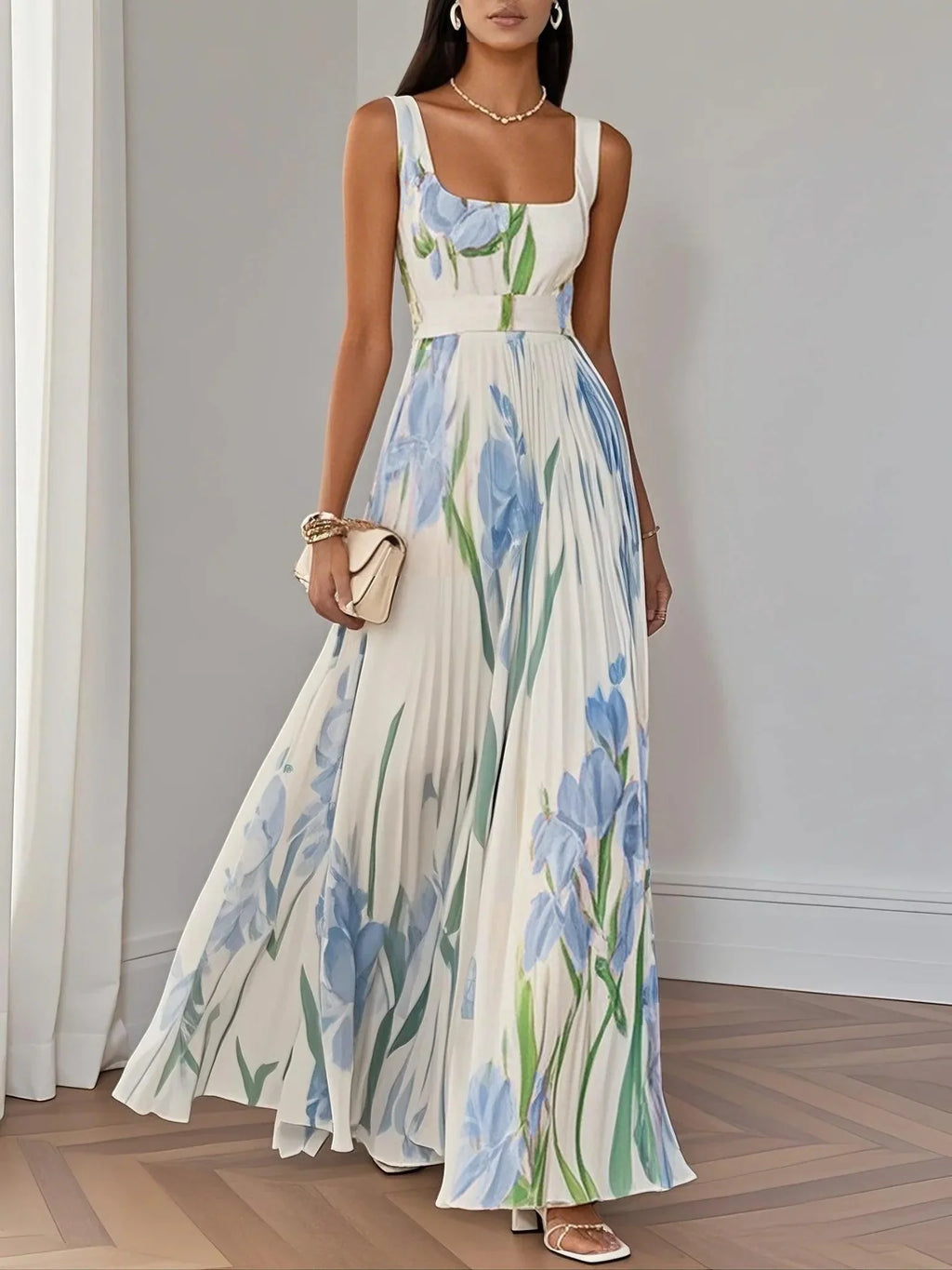 Women's Pleated Maxi Dress with Square Neckline | Perfect for Summer