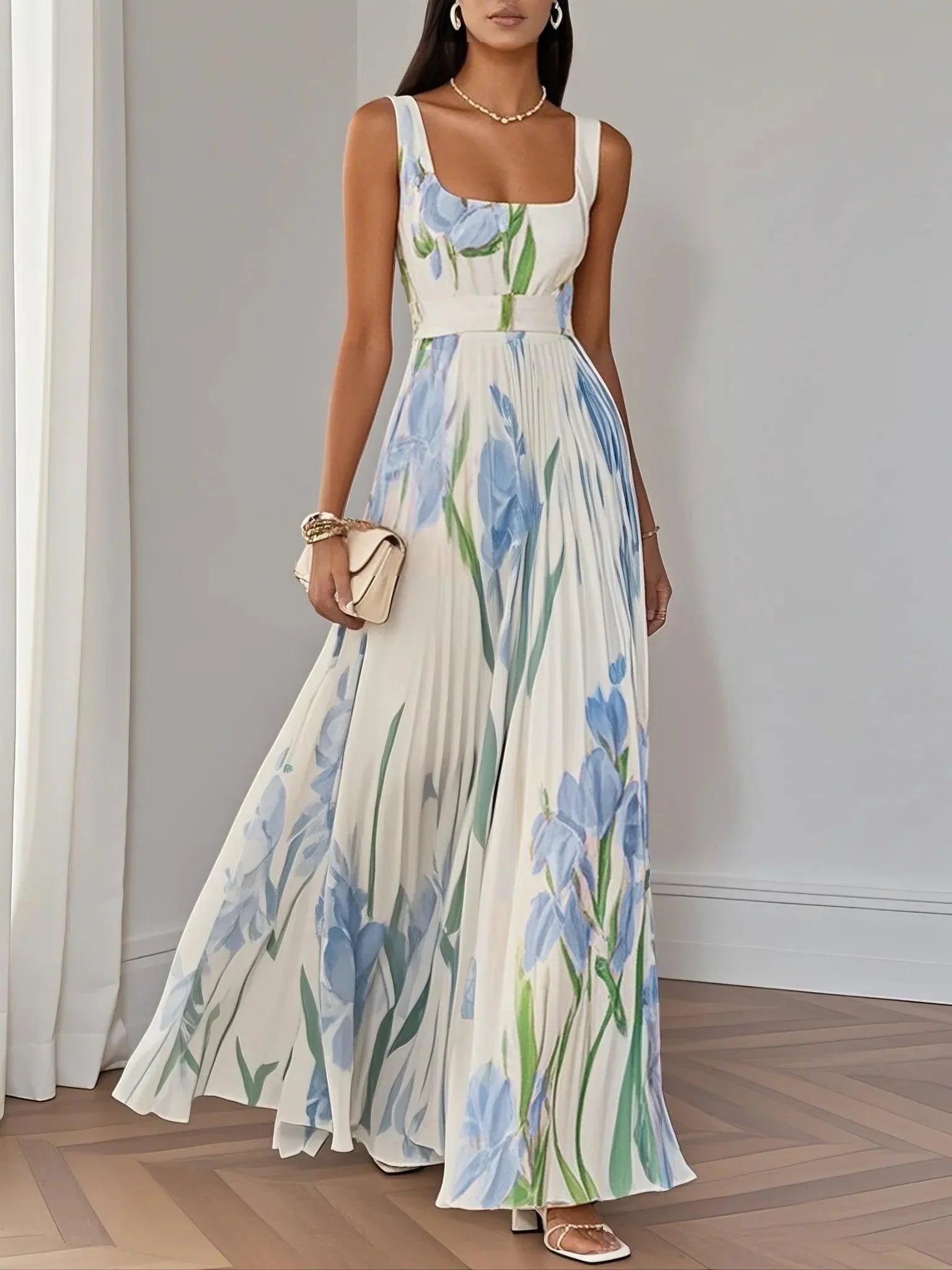 Women's Pleated Maxi Dress with Square Neckline | Perfect for Summer