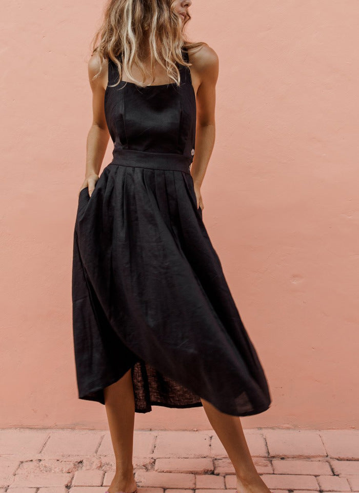 Midi Dress with Back Strap and Button Detail for Women