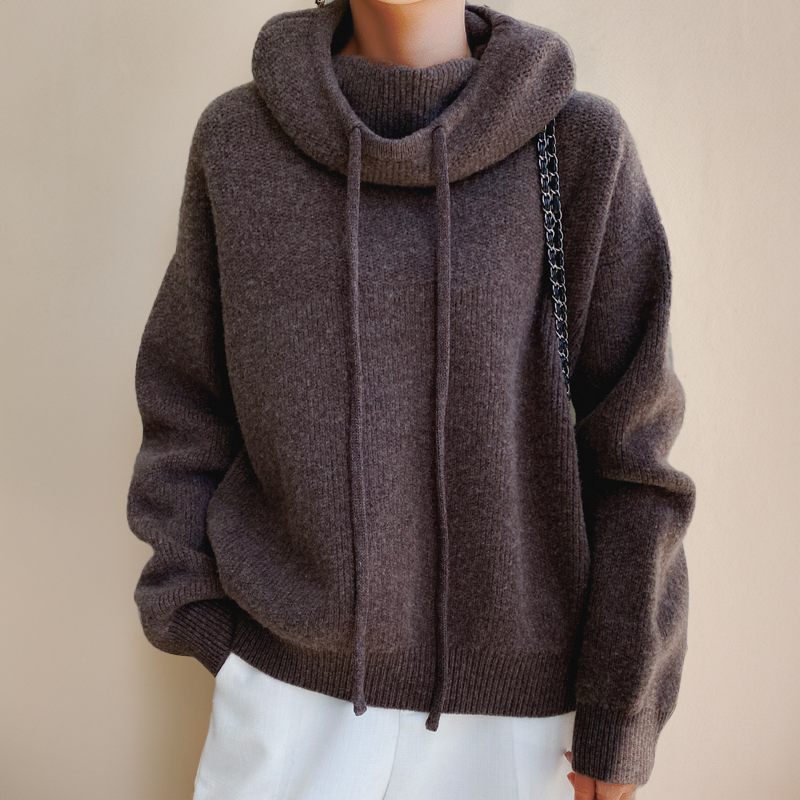 Oversized Cowl Neck Pullover Sweater with Ribbed Cuffs for Women
