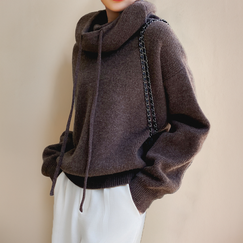 Oversized Cowl Neck Pullover Sweater with Ribbed Cuffs for Women