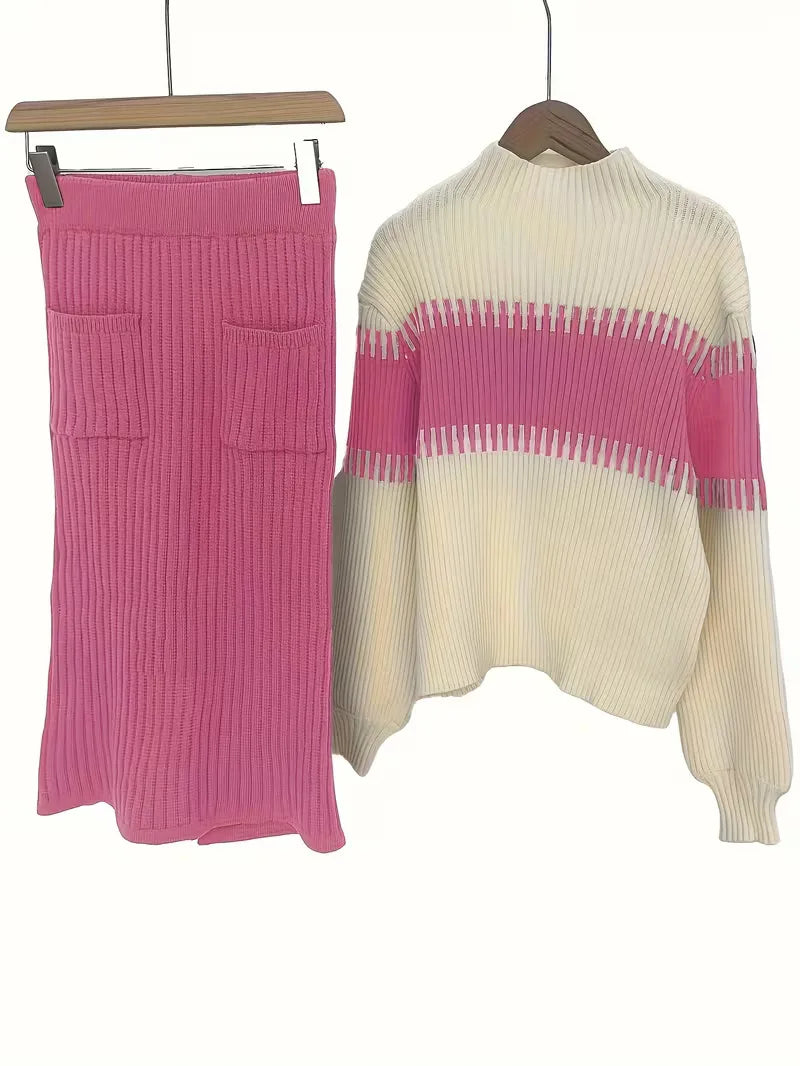 High Waisted Midi Skirt and Oversized Sweater Ribbed Knit Set for Women
