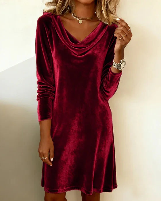 Long Sleeve Velvet Fitted Midi Dress with Cowl Neck for Women