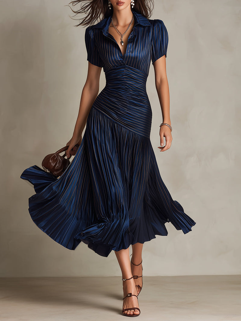 Satin Striped Pleated Midi Dress with Collared V Neck for Women