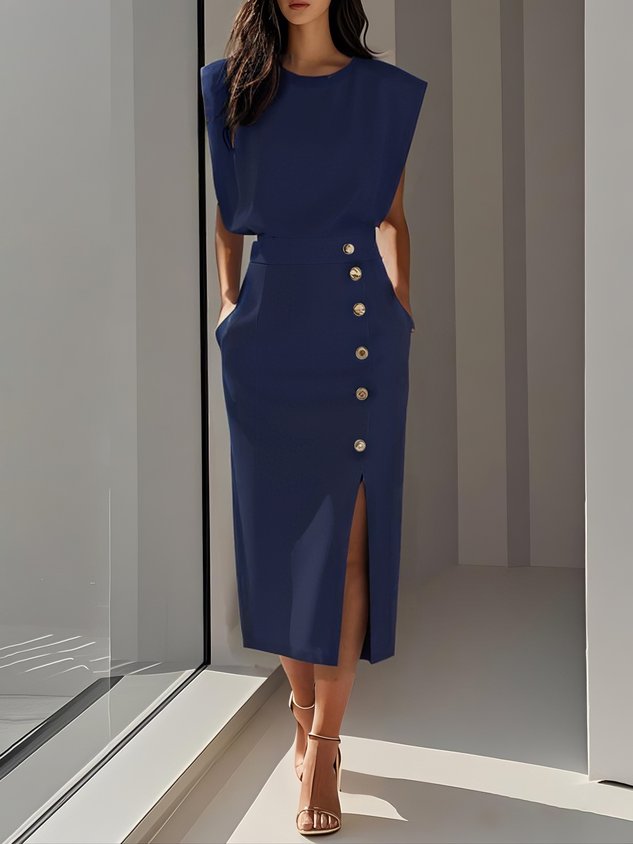 Midi Dress with Round Neck and Buttons for Women | Ideal for Summer