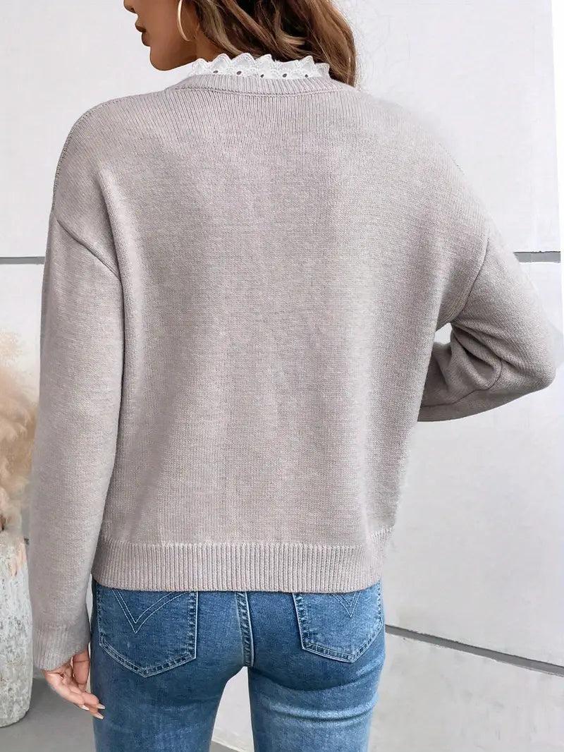 Women's V-Neck Lace Knit Sweater