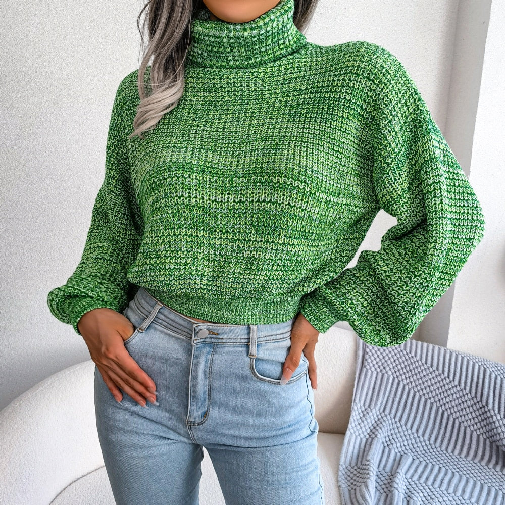 Cropped Chunky Knit Turtleneck Sweater for Women