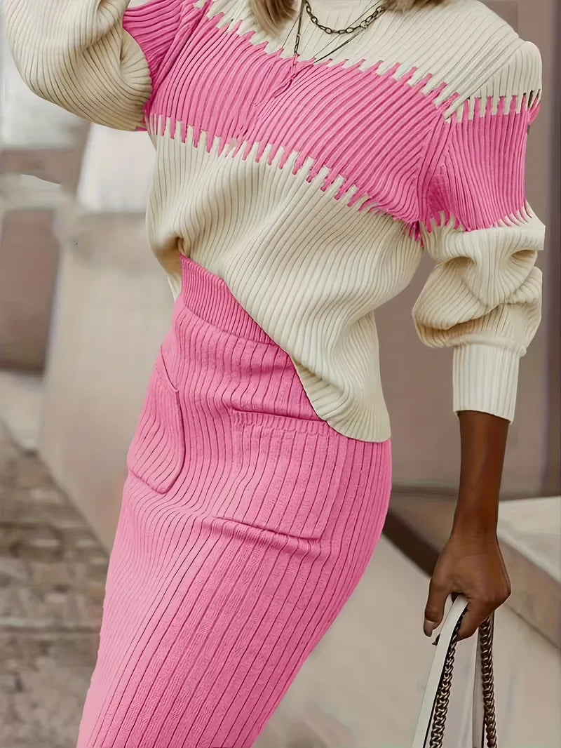 High Waisted Midi Skirt and Oversized Sweater Ribbed Knit Set for Women
