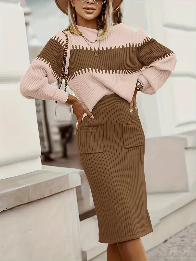 High Waisted Midi Skirt and Oversized Sweater Ribbed Knit Set for Women