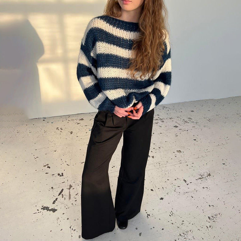 Oversized Chunky Knit Crew Neck Striped Pullover Sweater for Women