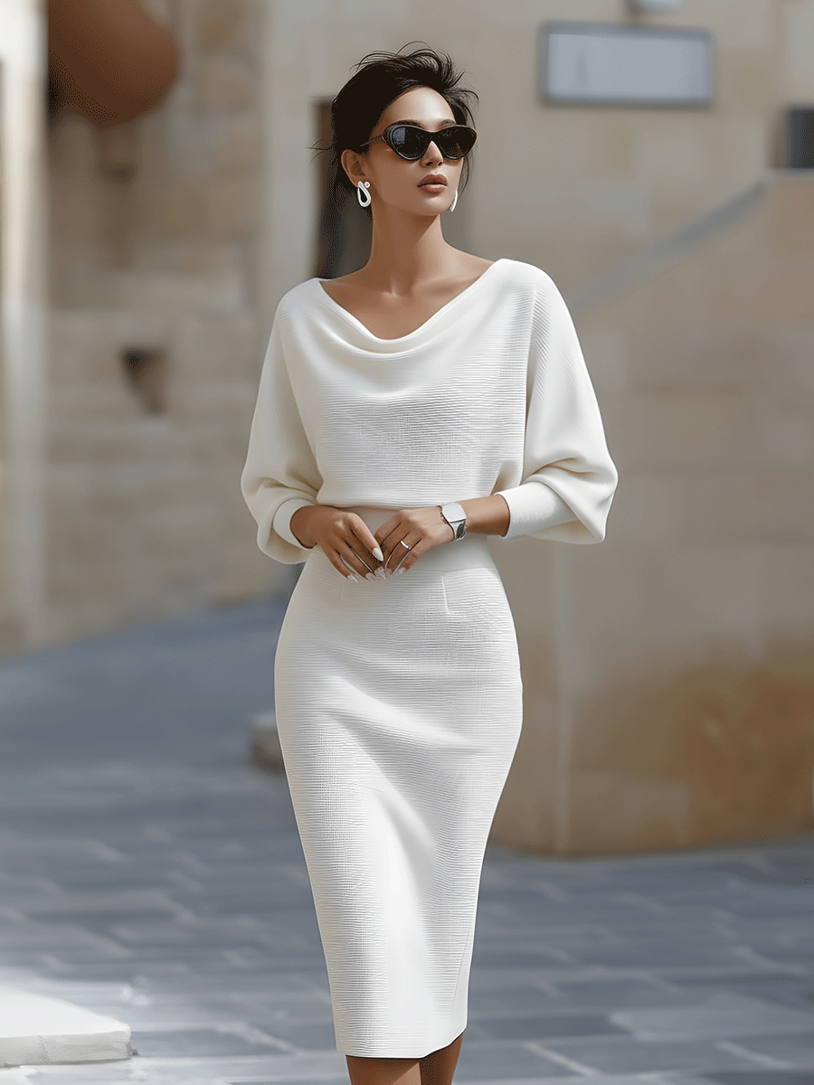 Batwing Sleeve Ribbed Knit Sweater Midi Dress for Women