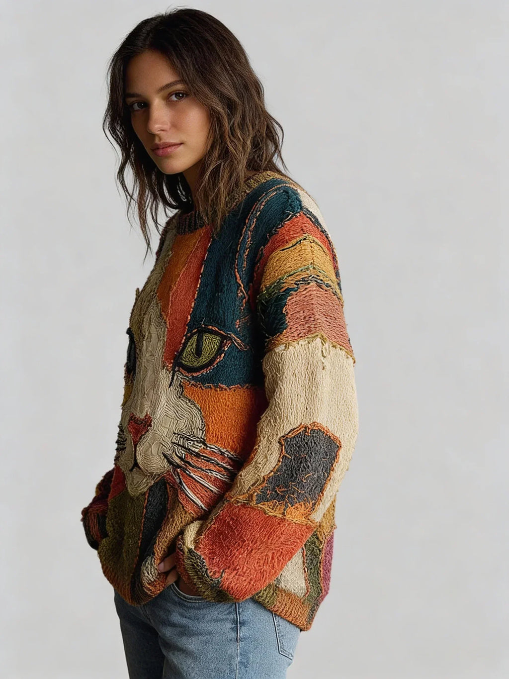 Women's Oversized Printed Pullover Sweater - Casual Crewneck Knit Top