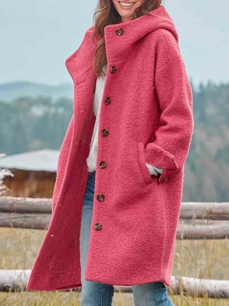 Wool Blend Hooded Long Button Front Coat with Pockets for Women