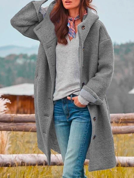 Wool Blend Hooded Long Button Front Coat with Pockets for Women
