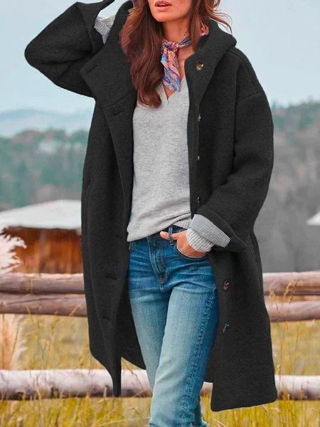 Wool Blend Hooded Long Button Front Coat with Pockets for Women