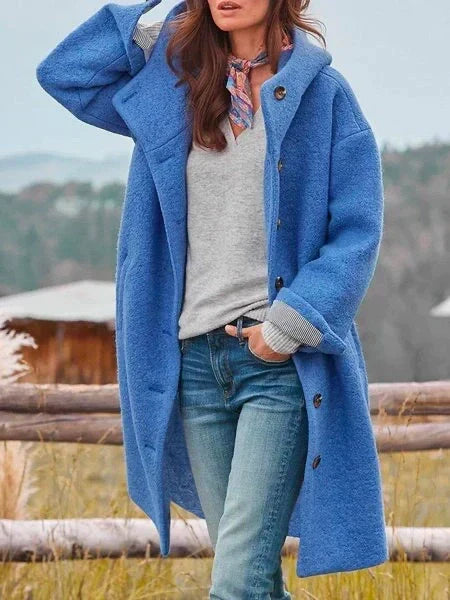 Wool Blend Hooded Long Button Front Coat with Pockets for Women