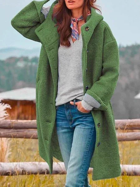 Wool Blend Hooded Long Button Front Coat with Pockets for Women