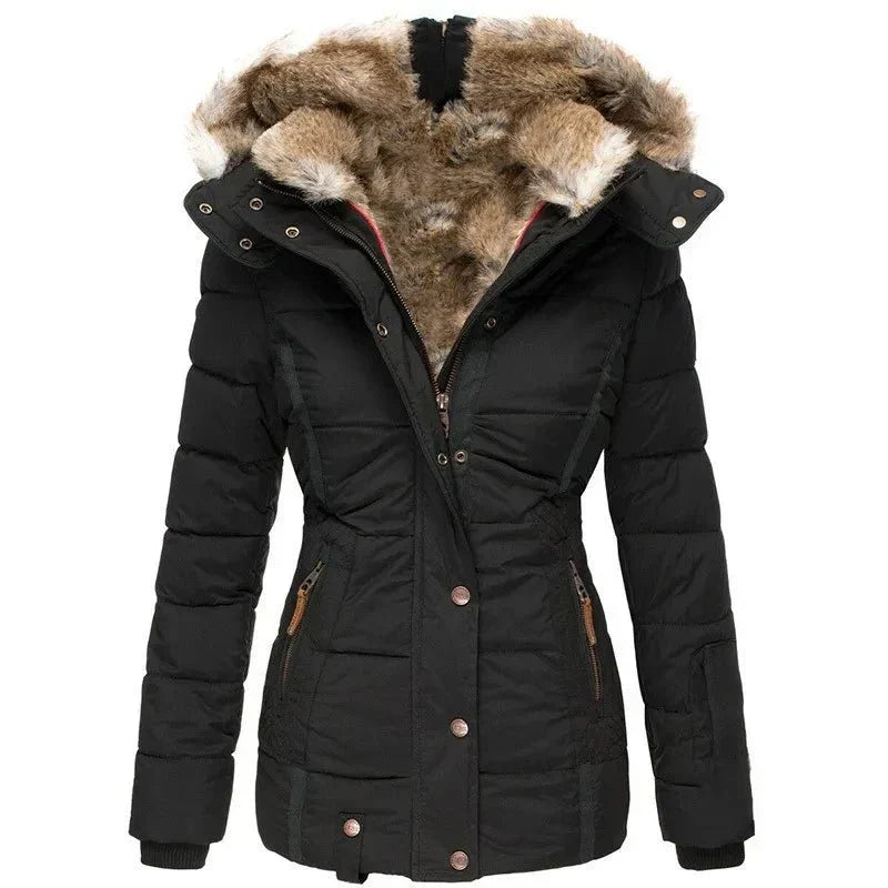 Quilted Puffer Jacket with Faux Fur Hood for Women
