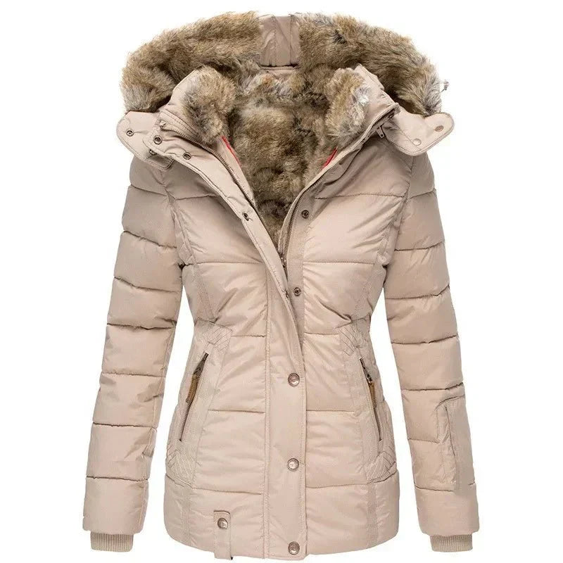 Quilted Puffer Jacket with Faux Fur Hood for Women