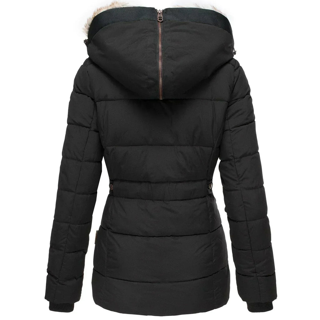Quilted Puffer Jacket with Faux Fur Hood for Women