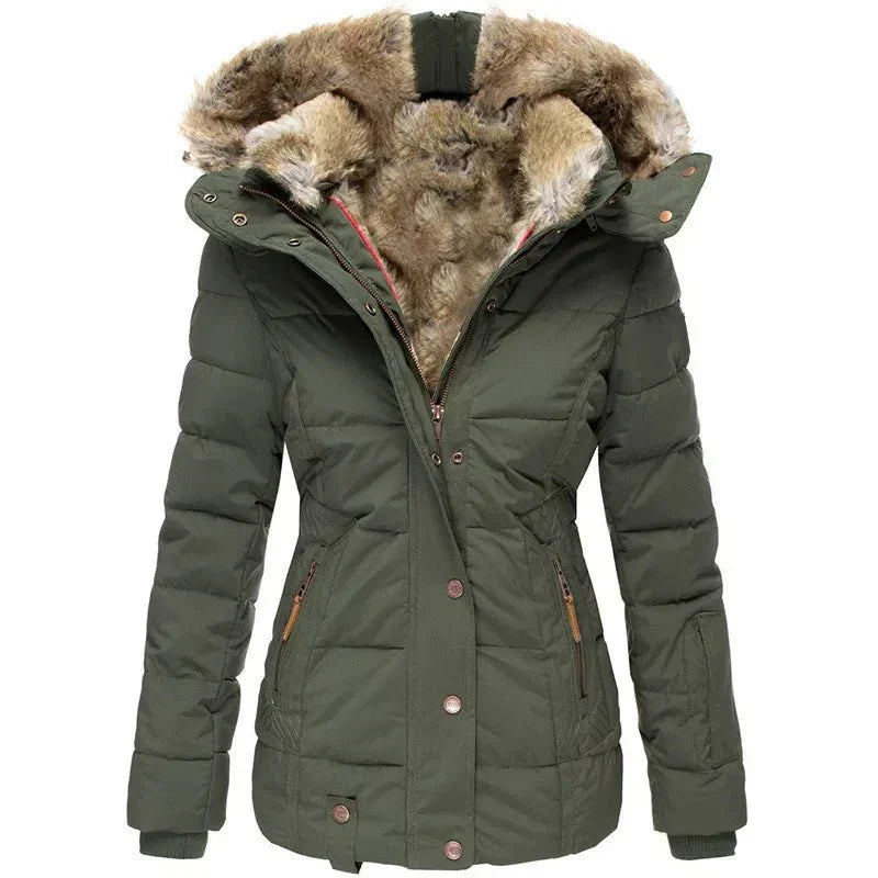 Quilted Puffer Jacket with Faux Fur Hood for Women