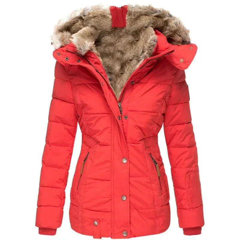 Quilted Puffer Jacket with Faux Fur Hood for Women