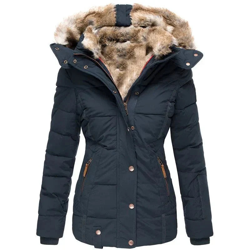 Quilted Puffer Jacket with Faux Fur Hood for Women