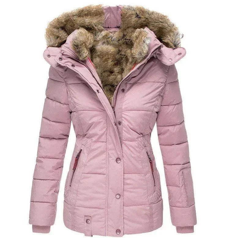 Quilted Puffer Jacket with Faux Fur Hood for Women