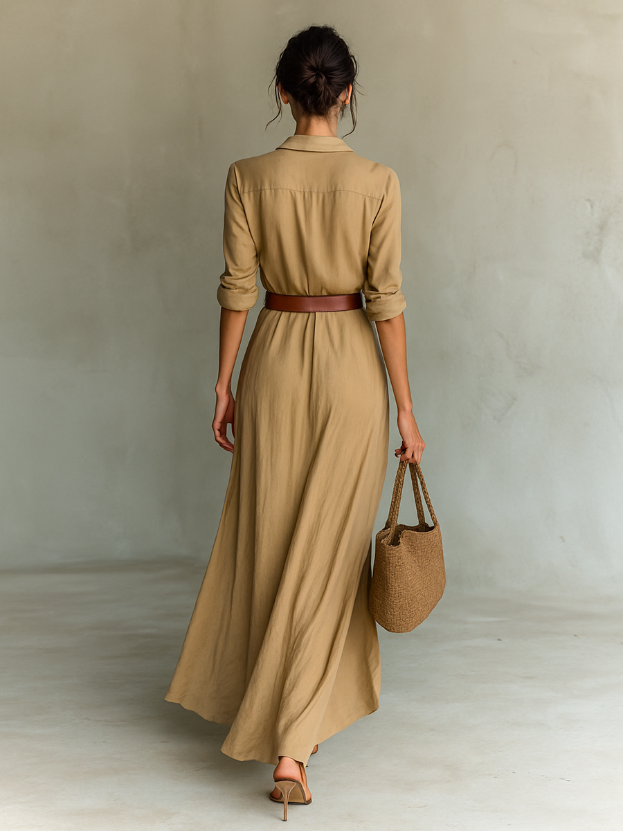 Maxi Dress with Belt and V-Neck for Women
