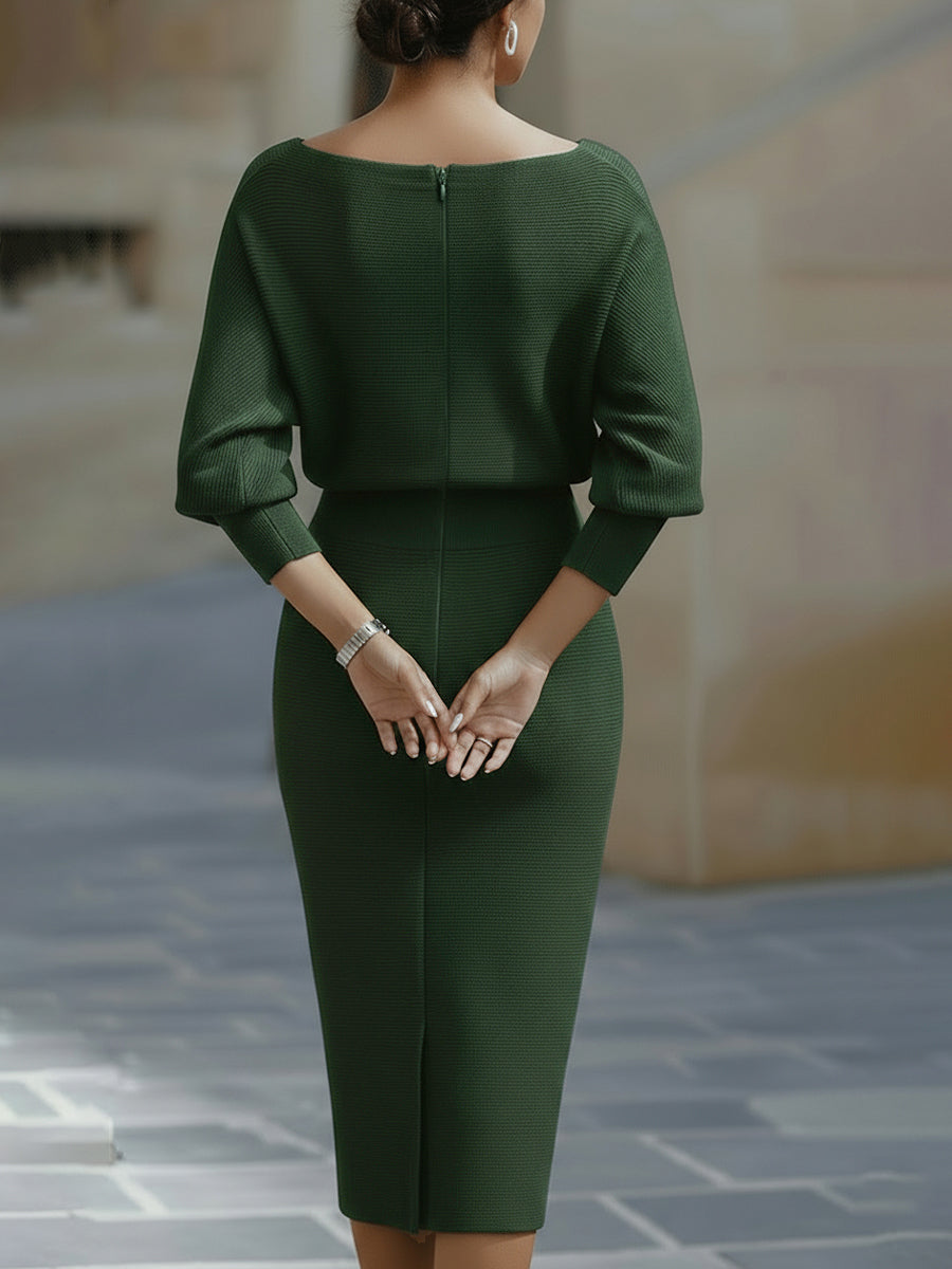 Batwing Sleeve Ribbed Knit Sweater Midi Dress for Women