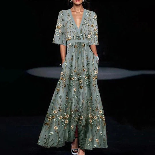 Long green dress with elbow-length sleeves for Women