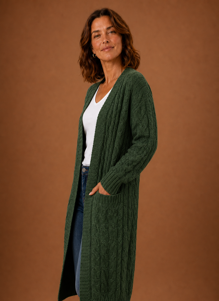 Long Chunky Cable Knit Cardigan with Pockets for Women