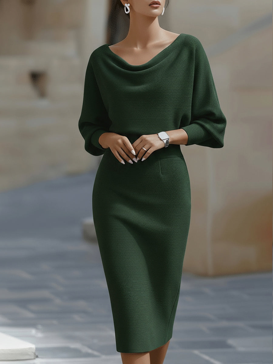 Batwing Sleeve Ribbed Knit Sweater Midi Dress for Women