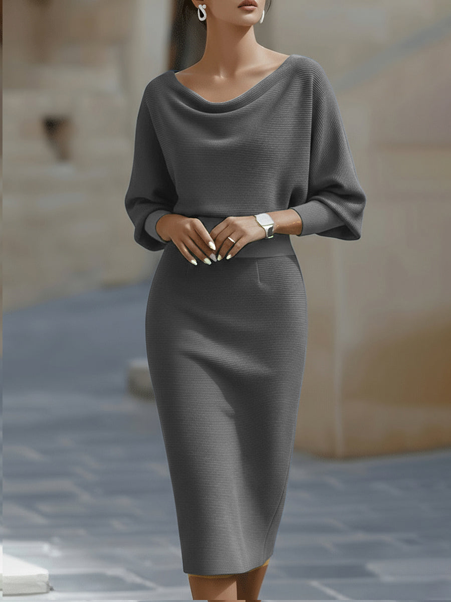 Batwing Sleeve Ribbed Knit Sweater Midi Dress for Women
