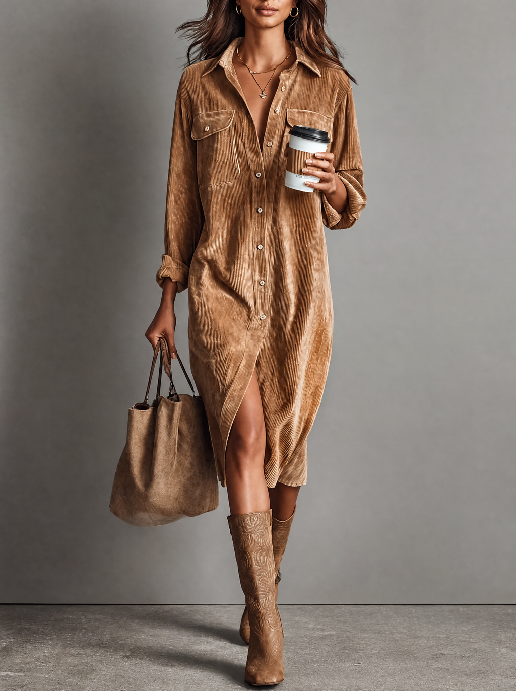 Corduroy Button Down Midi Shirt Dress with Long Sleeves for Women