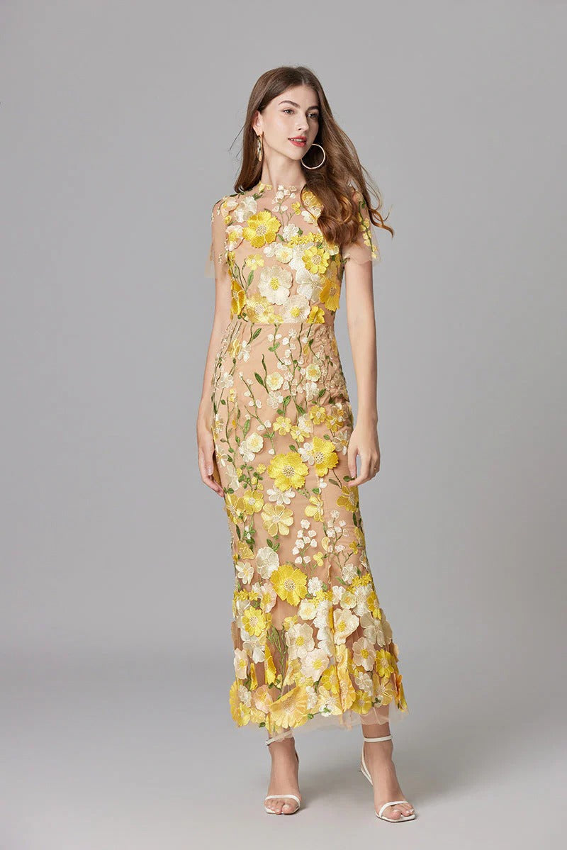 Women's Sleeveless Floral Embroidered A-Line Dress