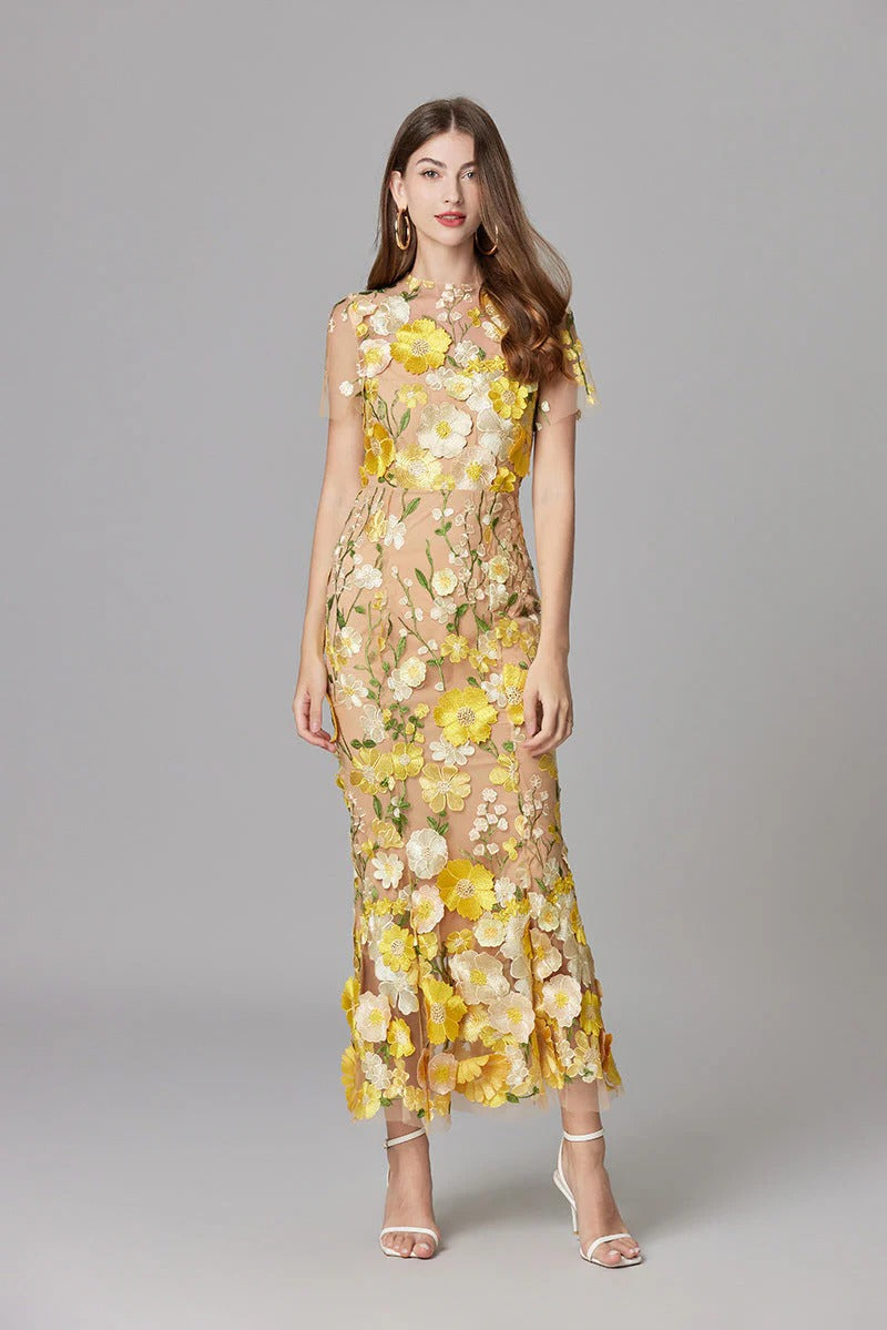 Women's Sleeveless Floral Embroidered A-Line Dress