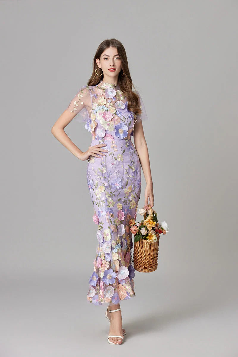 Women's Sleeveless Floral Embroidered A-Line Dress