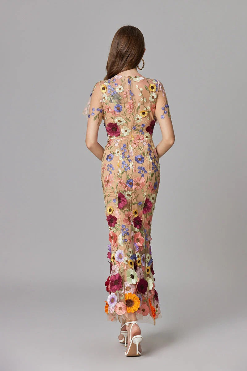 Women's Sleeveless Floral Embroidered A-Line Dress