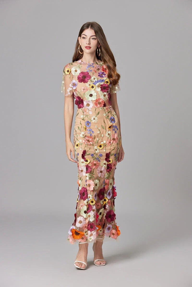 Women's Sleeveless Floral Embroidered A-Line Dress